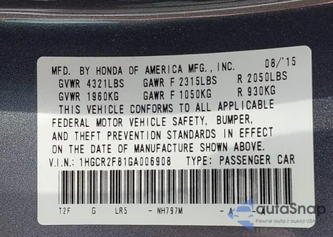 2016 Honda Accord Exl z USA, uszkodzony, nr VIN 1HGCR2F81GA006908